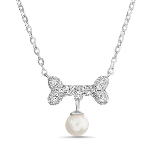 Sterling Silver CZ Pave Dog Bone W/ Dangling Pearl Necklace
