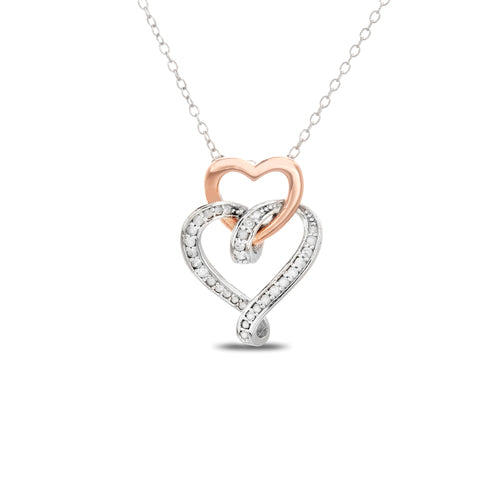 Sterling Silver Two Tone Diamond Interlocked Heart Necklace