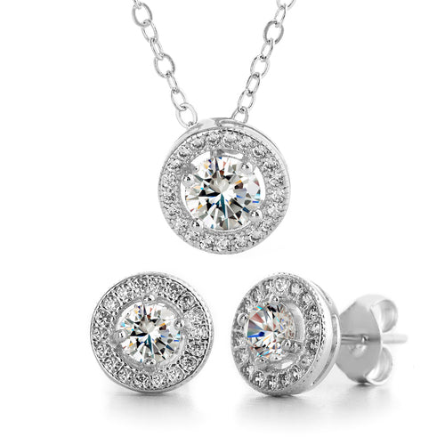 Sterling Silver Round CZ Halo Necklace/Earrings Set