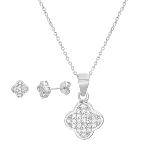 Sterling Silver CZ Pave Clover Necklace/Earrings Set