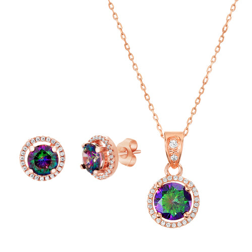Sterling Silver Rose Gold Mystic Topaz CZ Necklace & Earrings Set