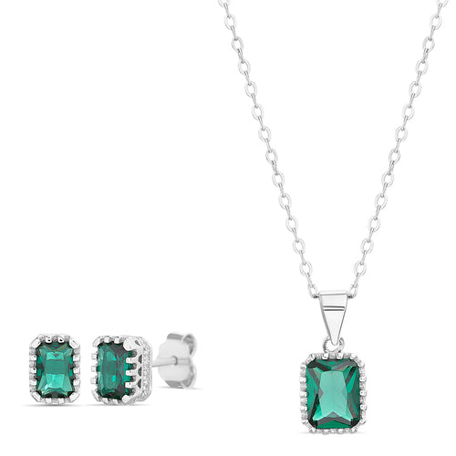 Sterling Silver Colored Emerald Cut CZ Necklace & Earrings Set