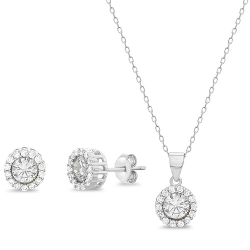 Sterling Silver Round CZ Halo Necklace/Earrings Set
