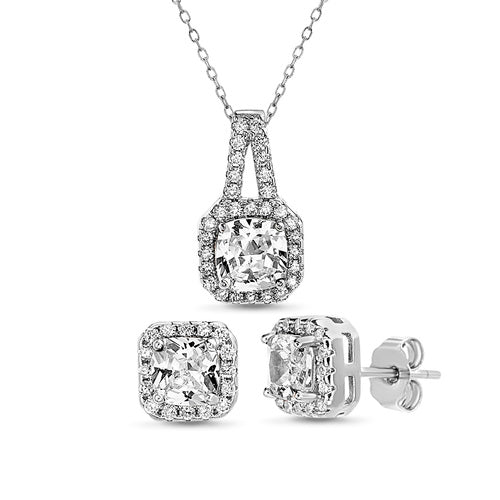 Sterling Silver Square CZ Halo Necklace/Earrings Set