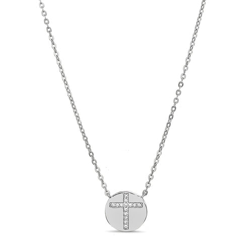 Sterling Silver Round Disc CZ Cross Necklace