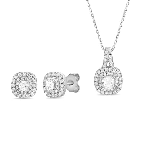 Sterling Silver Pave CZ Square Necklace/Earrings Set