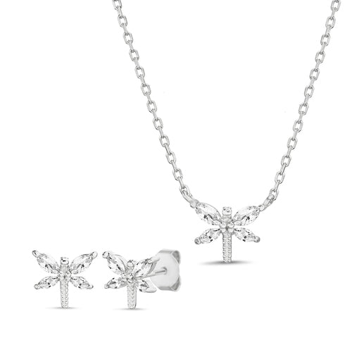 Sterling Silver CZ Dragonfly Necklace/Earrings Set