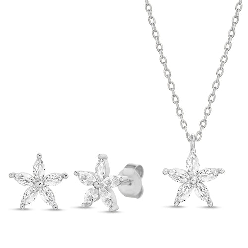 Sterling Silver Flower CZ Necklace/Earrings Set