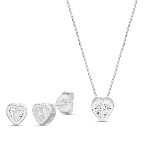 Sterling Silver Colored CZ Heart Necklace/Earrings Set