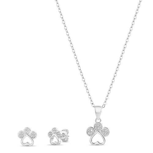 Sterling Silver CZ Paw Necklace/Earrings Set