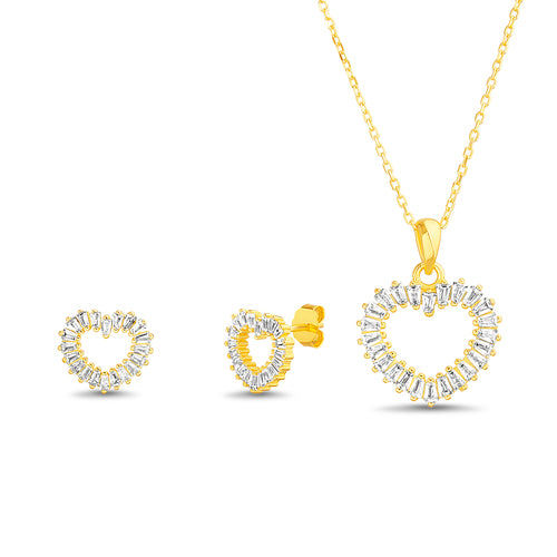 Sterling Silver Gold Plated Baguette CZ Heart Necklace & Earrings Set