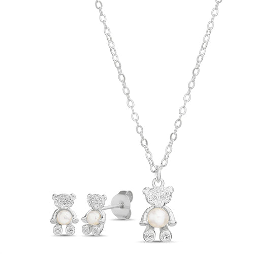Sterling Silver CZ Pearl Teddy Bear Necklace & Earrings Set