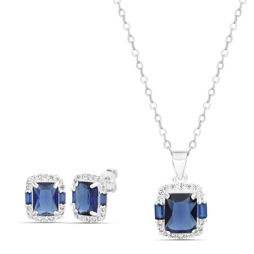 Sterling Silver Elegant Colored Rectangle CZ Halo Necklace/Earrings Set