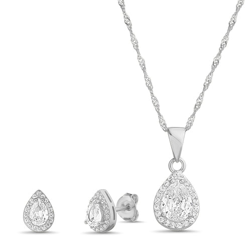 Sterling Silver Teardrop Pear CZ Halo Necklace/Earrings Set