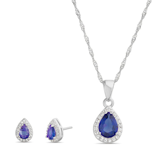 Sterling Silver Teardrop Pear CZ Halo Necklace/Earrings Set