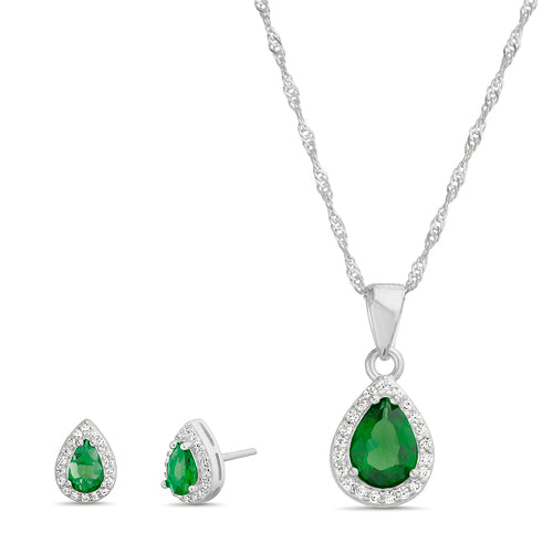 Sterling Silver Teardrop Pear CZ Halo Necklace/Earrings Set