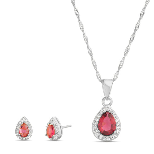 Sterling Silver Teardrop Pear CZ Halo Necklace/Earrings Set