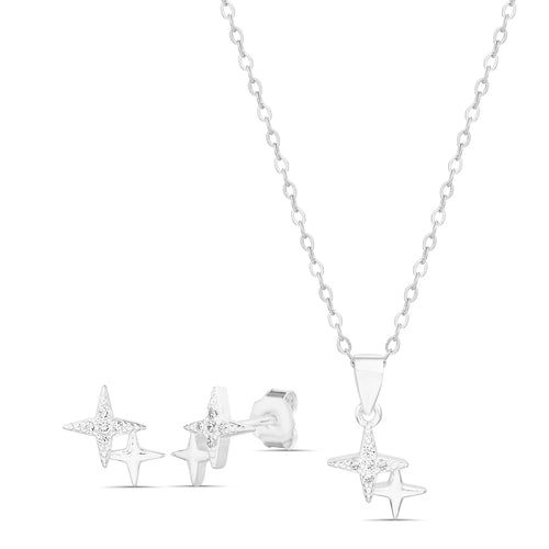 Sterling Silver Solid & CZ Stars Necklace/Earrings Set
