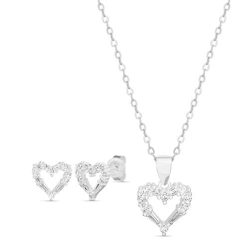 Sterling Silver CZ Heart Necklace & Earrings Set