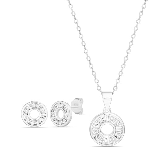 Sterling Silver Baguette CZ Circle Necklace/Earrings Set