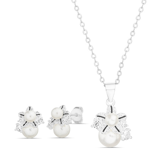 Sterling Silver Flower CZ & Pearl Cluster Necklace & Earrings Set
