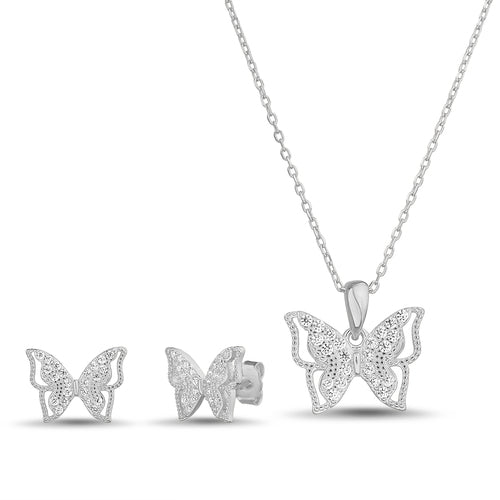 Sterling Silver CZ Butterfly Necklace & Earrings Set