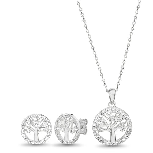 Sterling Silver CZ Tree Of Life Necklace/Earrings Set