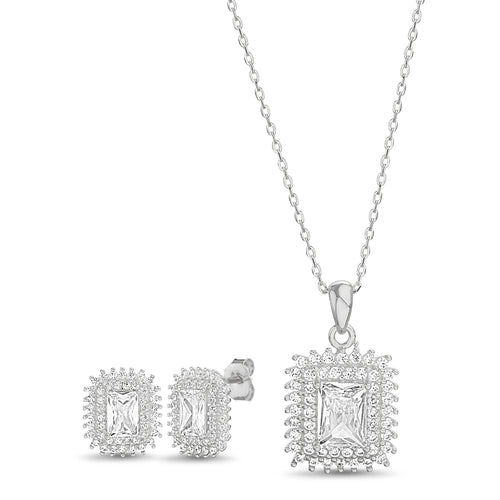 Sterling Silver Rectangle CZ Halo Necklace/Earrings Set