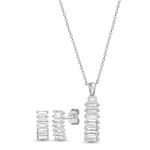 Sterling Silver Baguette CZ Bar Necklace/Earrings Set