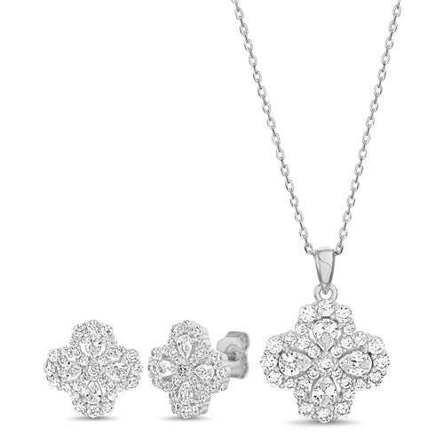 Sterling Silver CZ Flower Necklace/Earrings Set