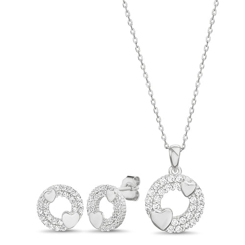 Sterling Silver Open CZ Circle W/ Hearts Necklace/Earrings Set