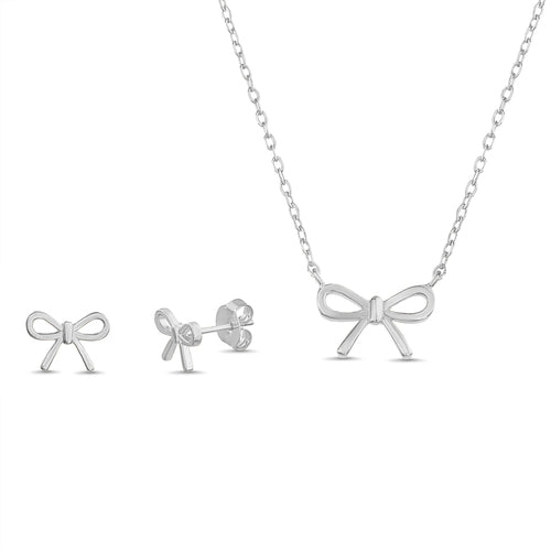 Sterling Silver Polished Bow Necklace & Earrings Set
