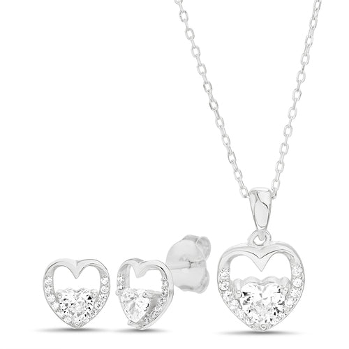 Sterling Silver CZ Heart Necklace & Earrings Set