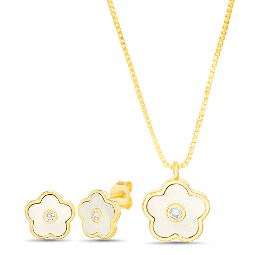 Sterling Silver Enamel Flower W/ CZ Center Necklace & Earrings Set