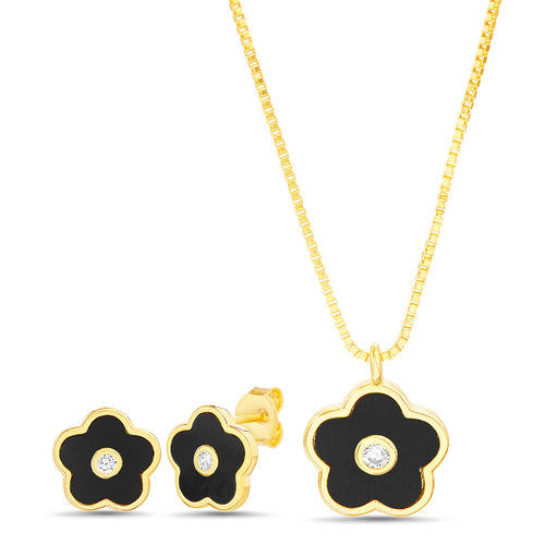 Sterling Silver Enamel Flower W/ CZ Center Necklace & Earrings Set