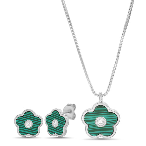 Sterling Silver Enamel Flower W/ CZ Center Necklace & Earrings Set