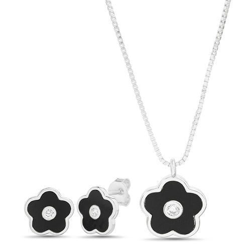 Sterling Silver Enamel Flower W/ CZ Center Necklace & Earrings Set