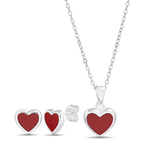Sterling Silver Colored Enamel Heart Necklace & Earrings Set