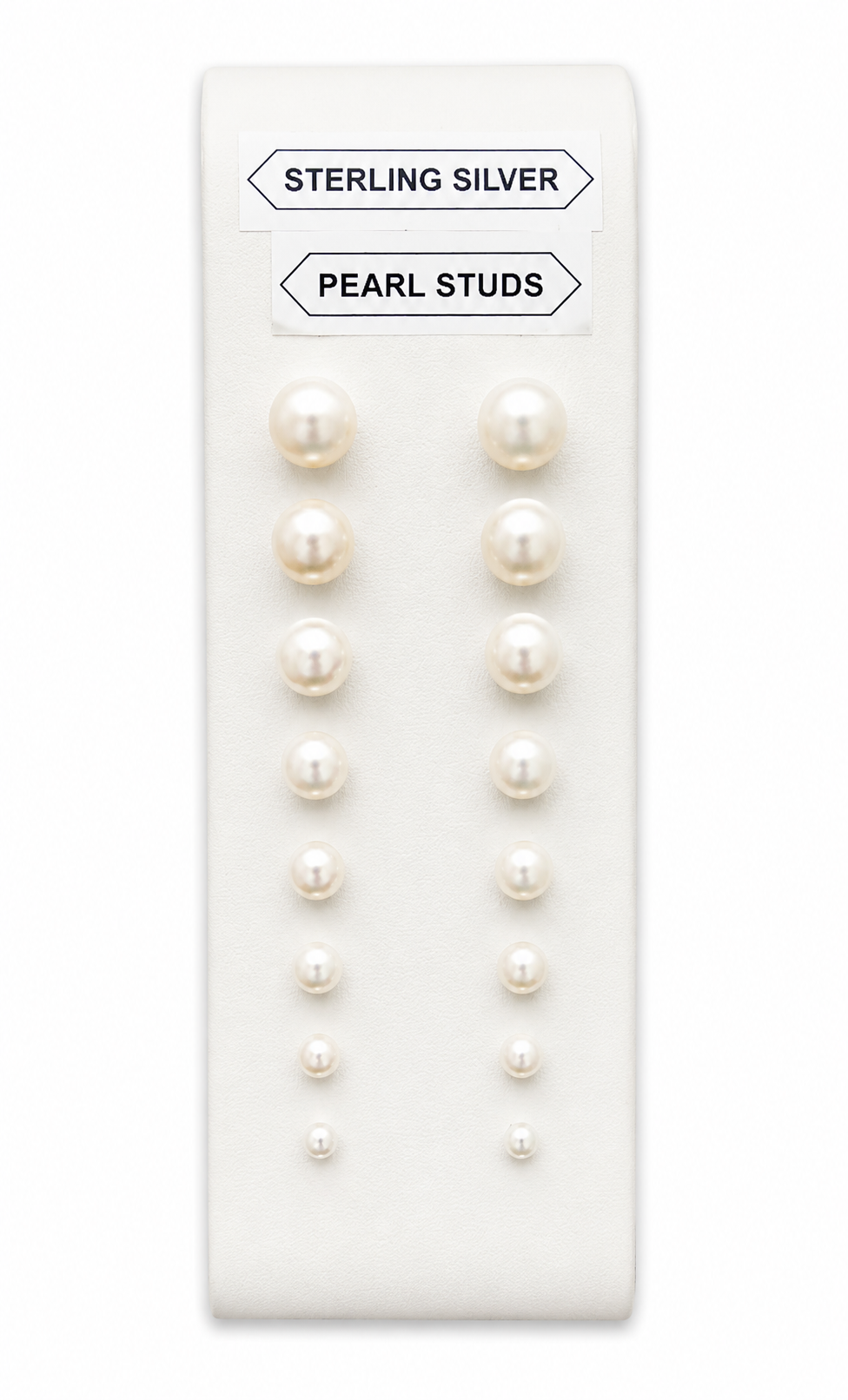 Set of pearl stud earrings on a white card with 'Sterling Silver' and 'Pearl Studs' text.