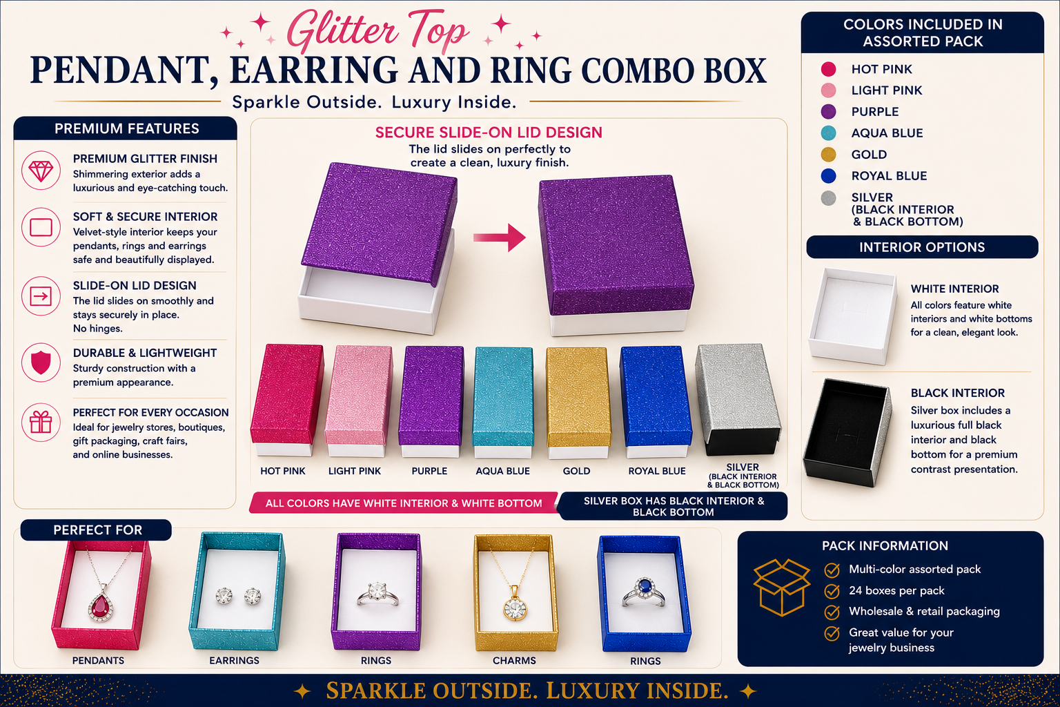 Glitter Top Pendent Earring And Ring Combo Box