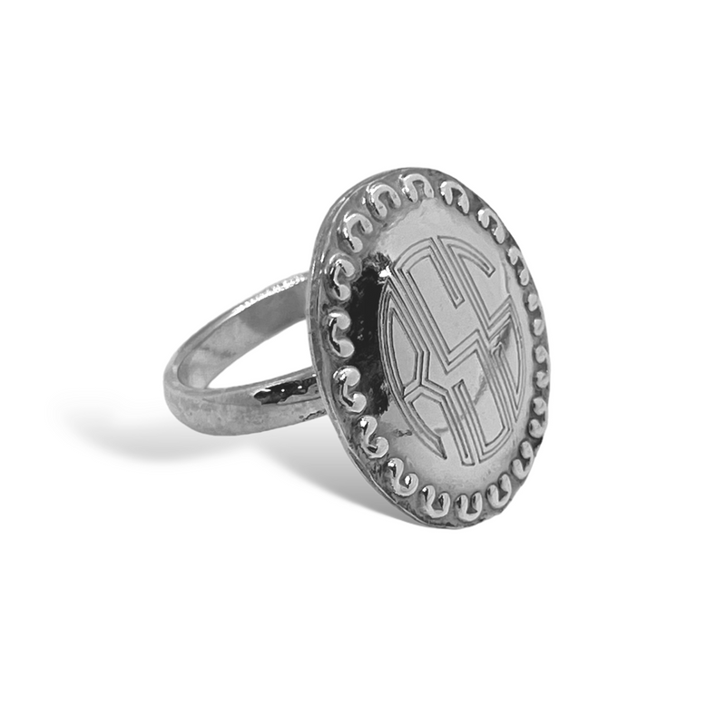 German Silver Oval Ring with Bead Border Design
