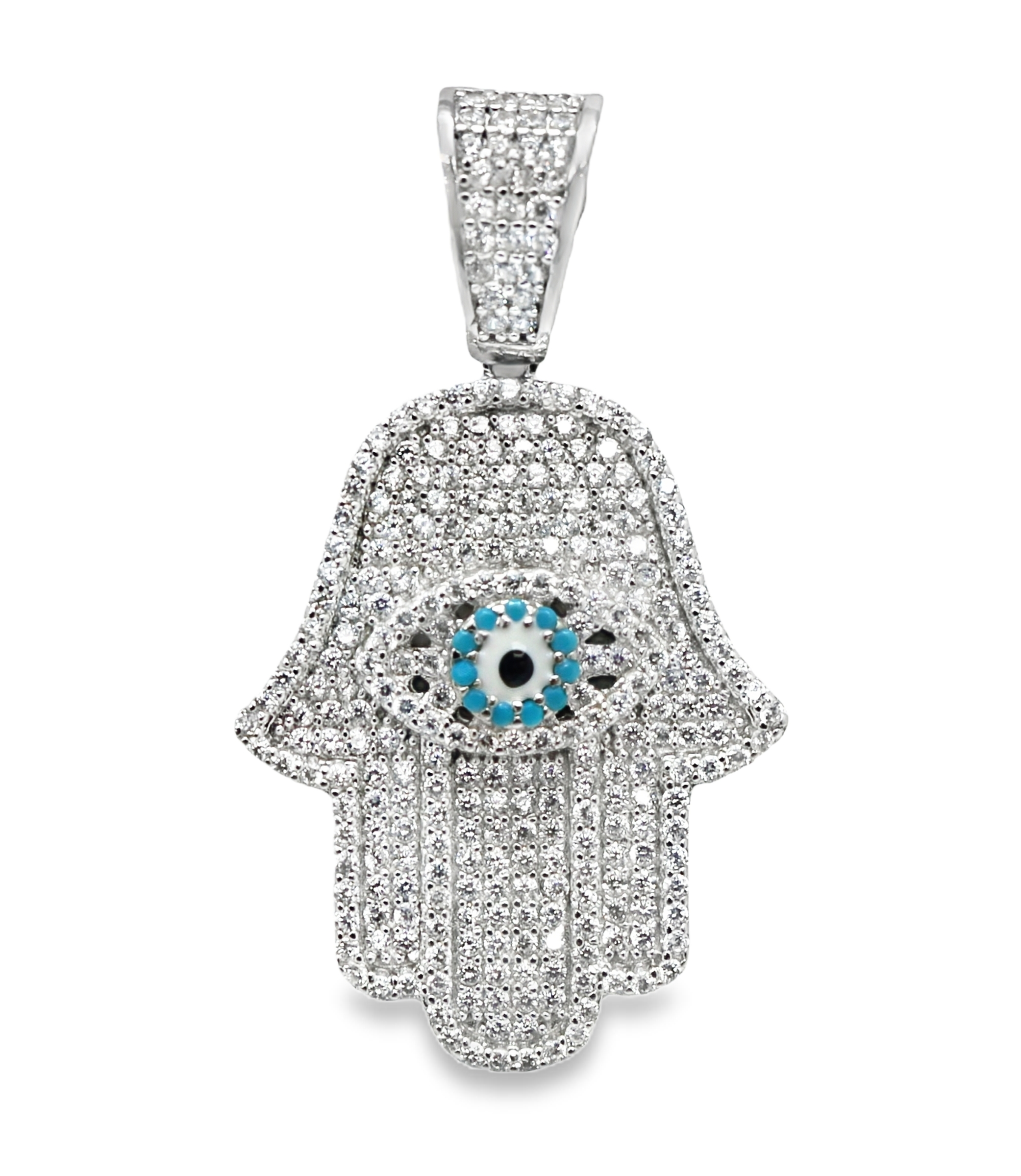 Sterling Silver Hamsa Hand Evil Eye CZ Pendant