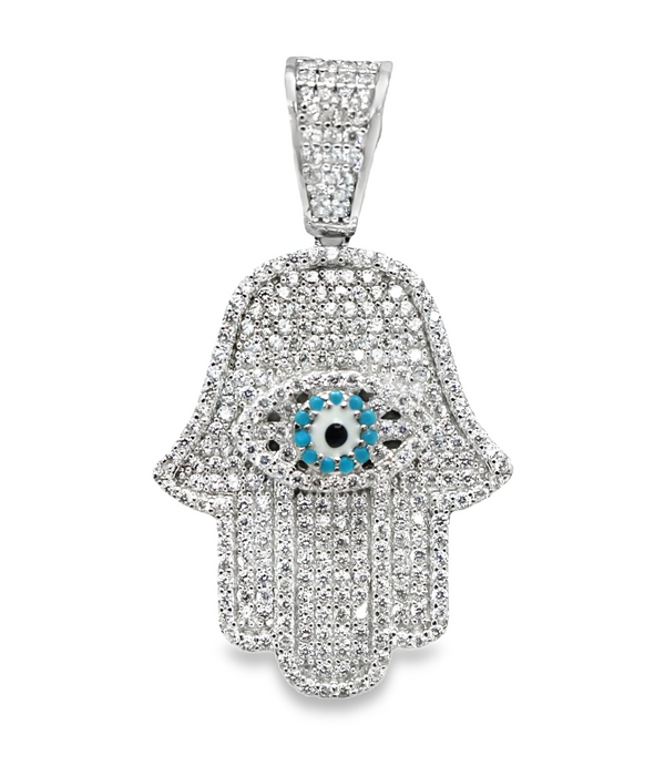 Sterling Silver Hamsa Hand Evil Eye CZ Pendant