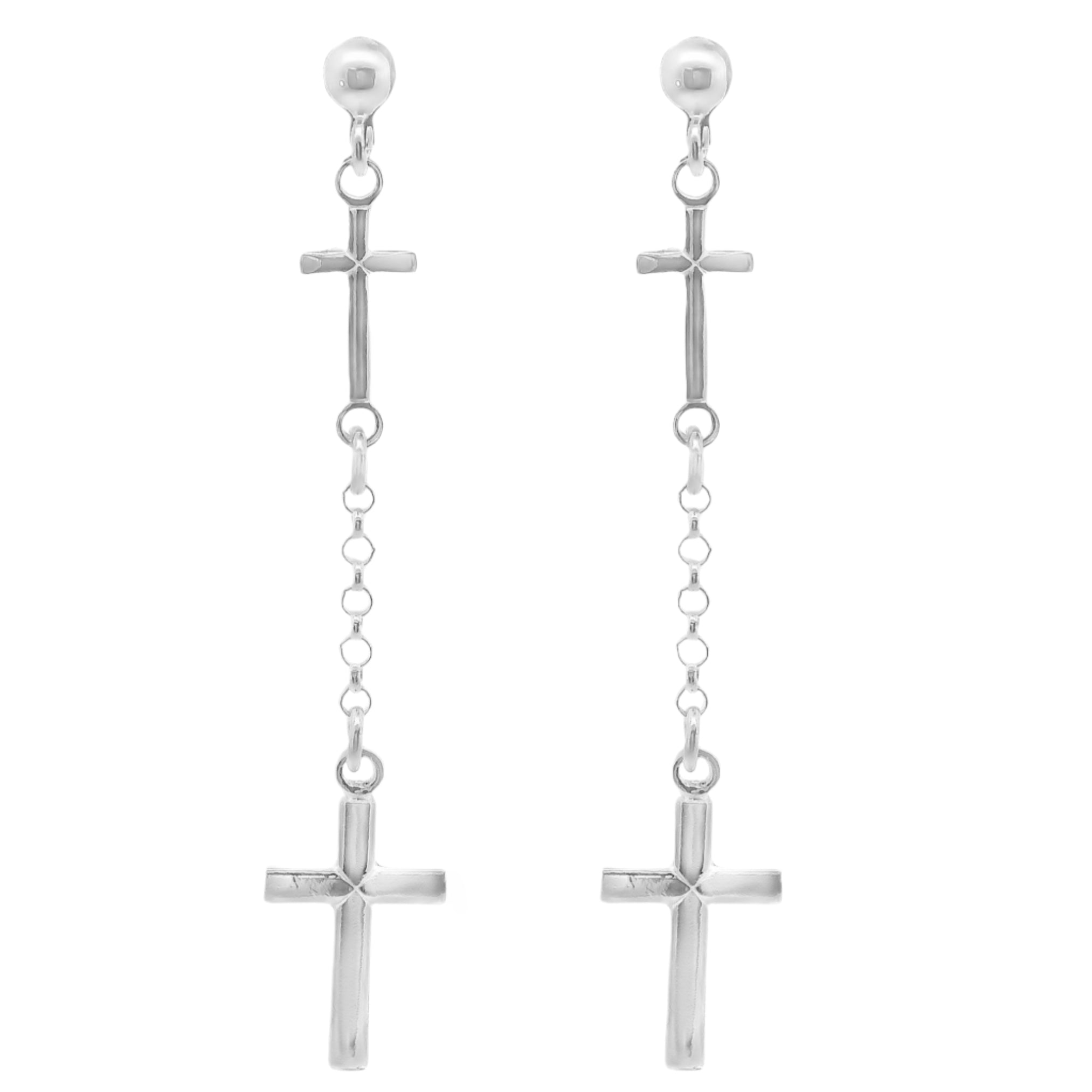 Sterling Silver Double Cross Dangling Ball Stud Earrings