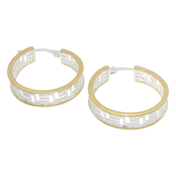 Sterling Silver Two Tone Greek Key Cutout Hoop Earrings