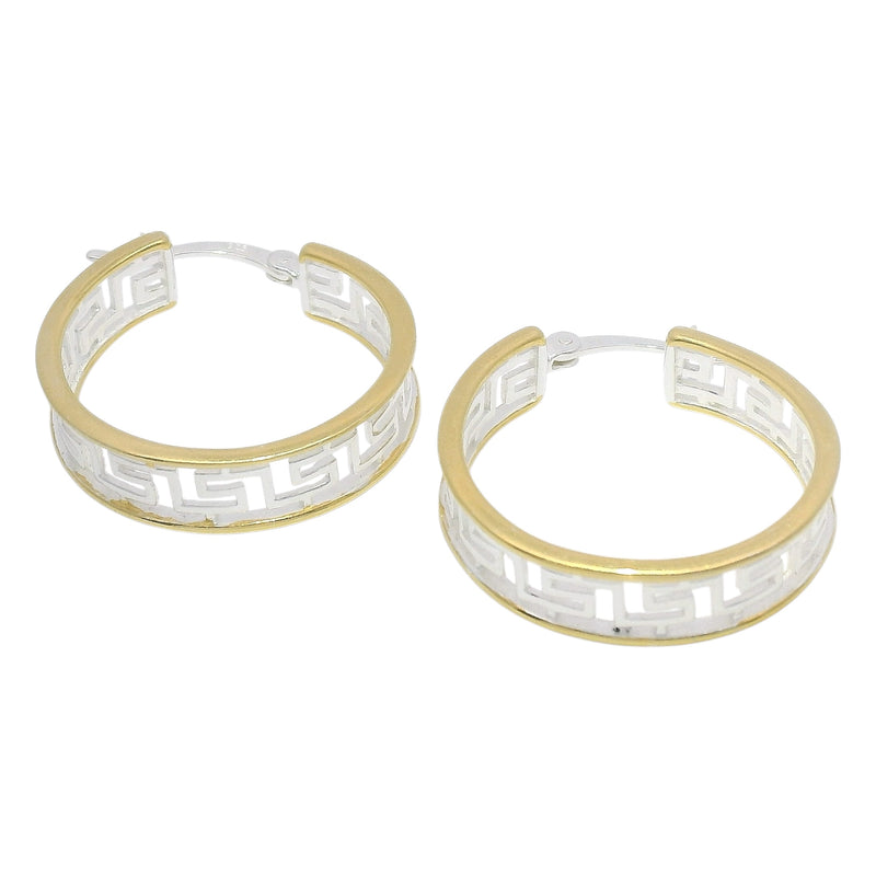 Sterling Silver Two Tone Greek Key Cutout Hoop Earrings