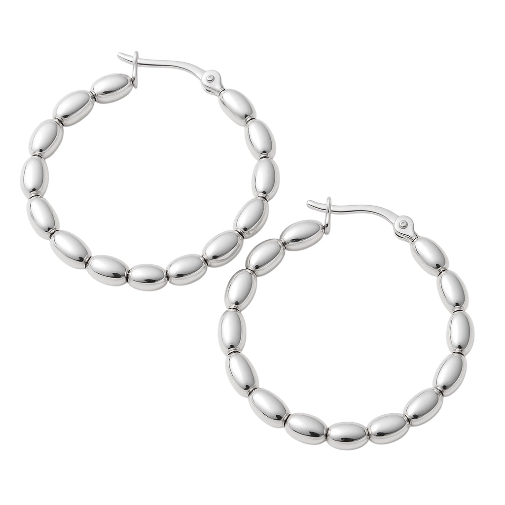 Sterling Silver 3mm Oval Rice Bead 35mm Hoop Earrings