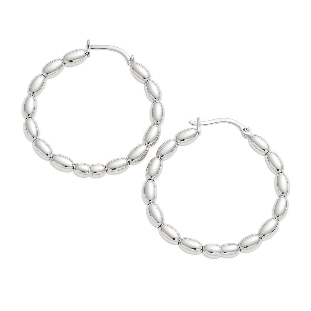 Sterling Silver 3mm Rice Bead 32mm Hoop Earrings