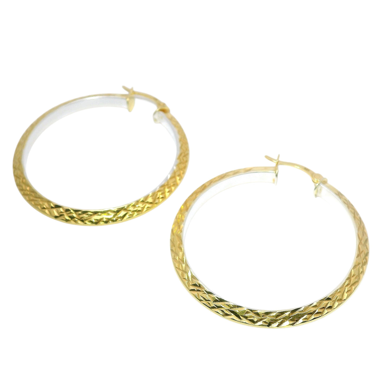 Sterling Silver Two Tone Beveled Diamond Cut Round Hoop Earrings