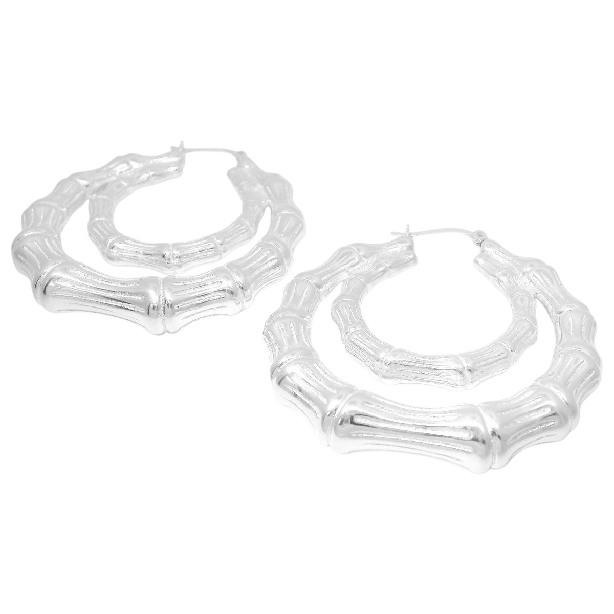 Sterling Silver 50mm Bamboo Double Hoop Earrings